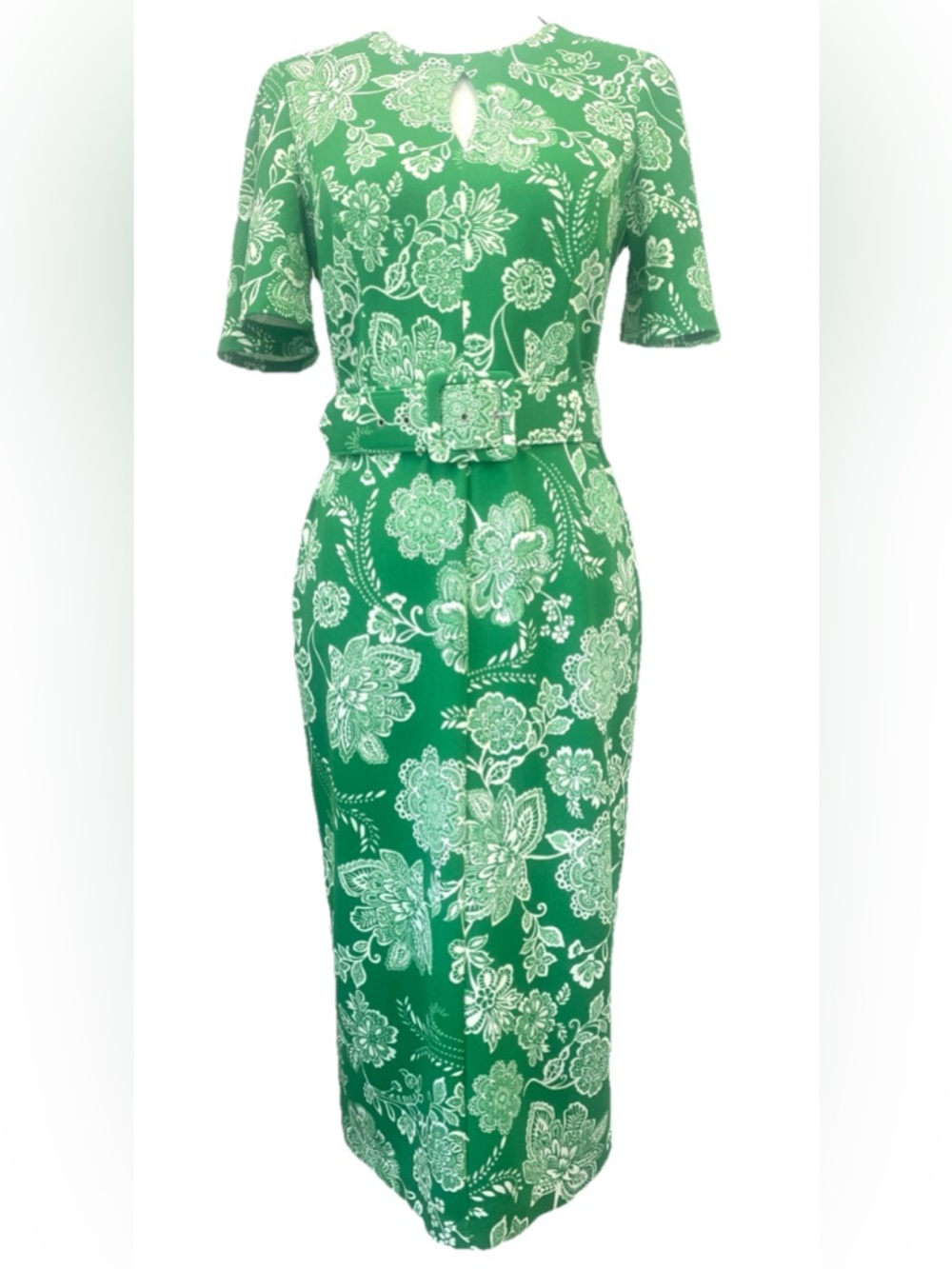 London Times Green White Floral Midi Belted Sheath Wedding Guest Dress Keyhole 4